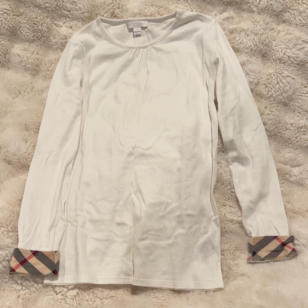 Burberry Size Medium Youth White Long Sleeve Shirt with Plaid Cuffs